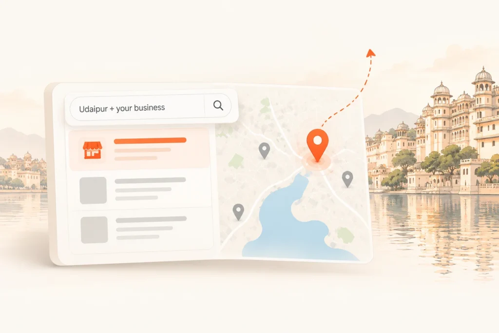 Google Maps search for a Udaipur business with a competitor pinned at the top, beside Udaipur lakeside palaces